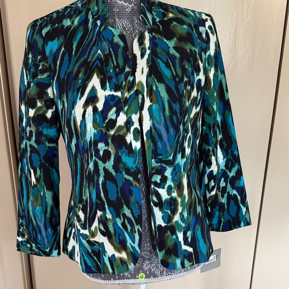 Women's Blue & Green Printed Open-Front Jacket